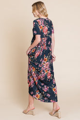 BOMBOM Floral Short Sleeve Maxi Dress OutfitFlow